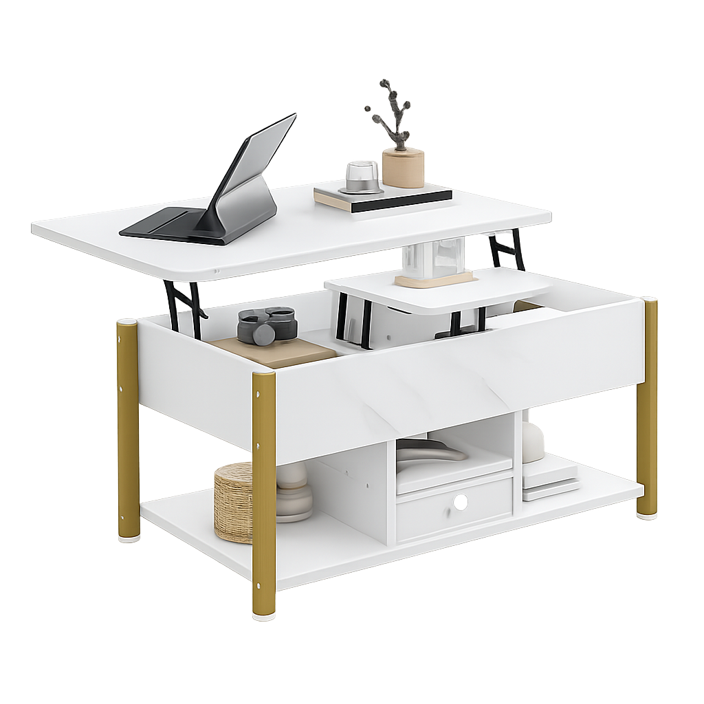 Table basse relevable extensible effet marbre blanche