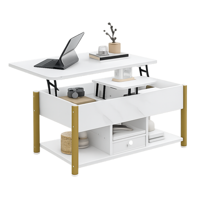 Table basse relevable extensible effet marbre blanche