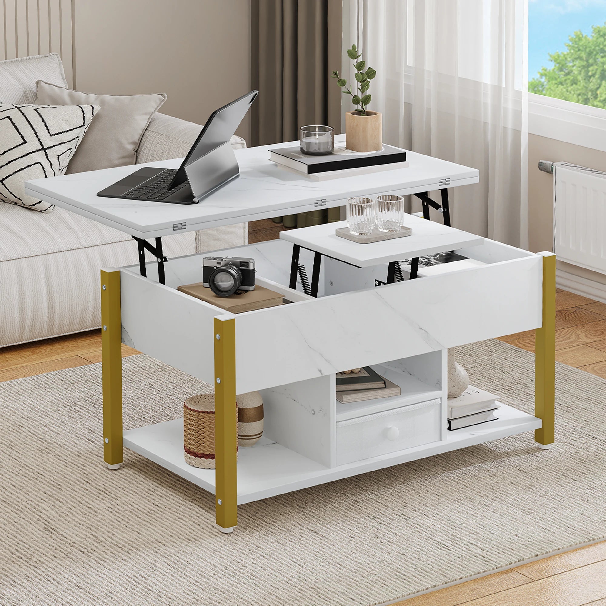 Table basse relevable extensible effet marbre blanche
