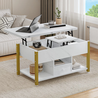 Table basse relevable extensible effet marbre blanche