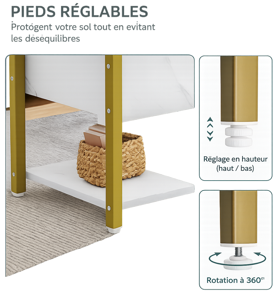 Table basse relevable extensible effet marbre blanche