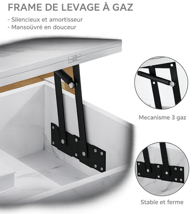 Table basse relevable extensible effet marbre blanche