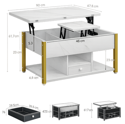 Table basse relevable extensible effet marbre blanche