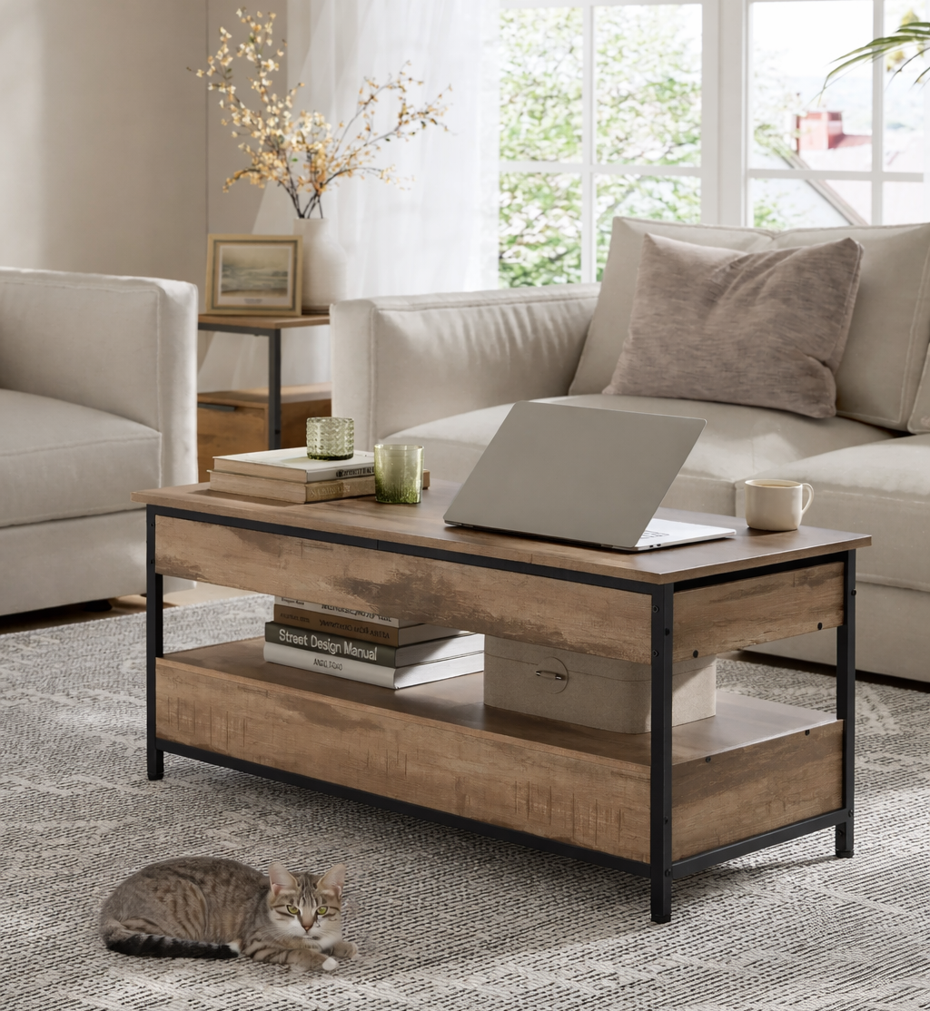 Table basse relevable industrielle avec rangement