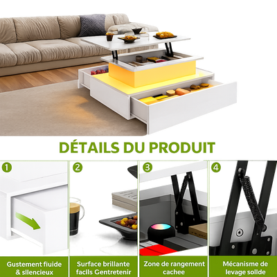 Table basse relevable moderne avec LED et tiroirs