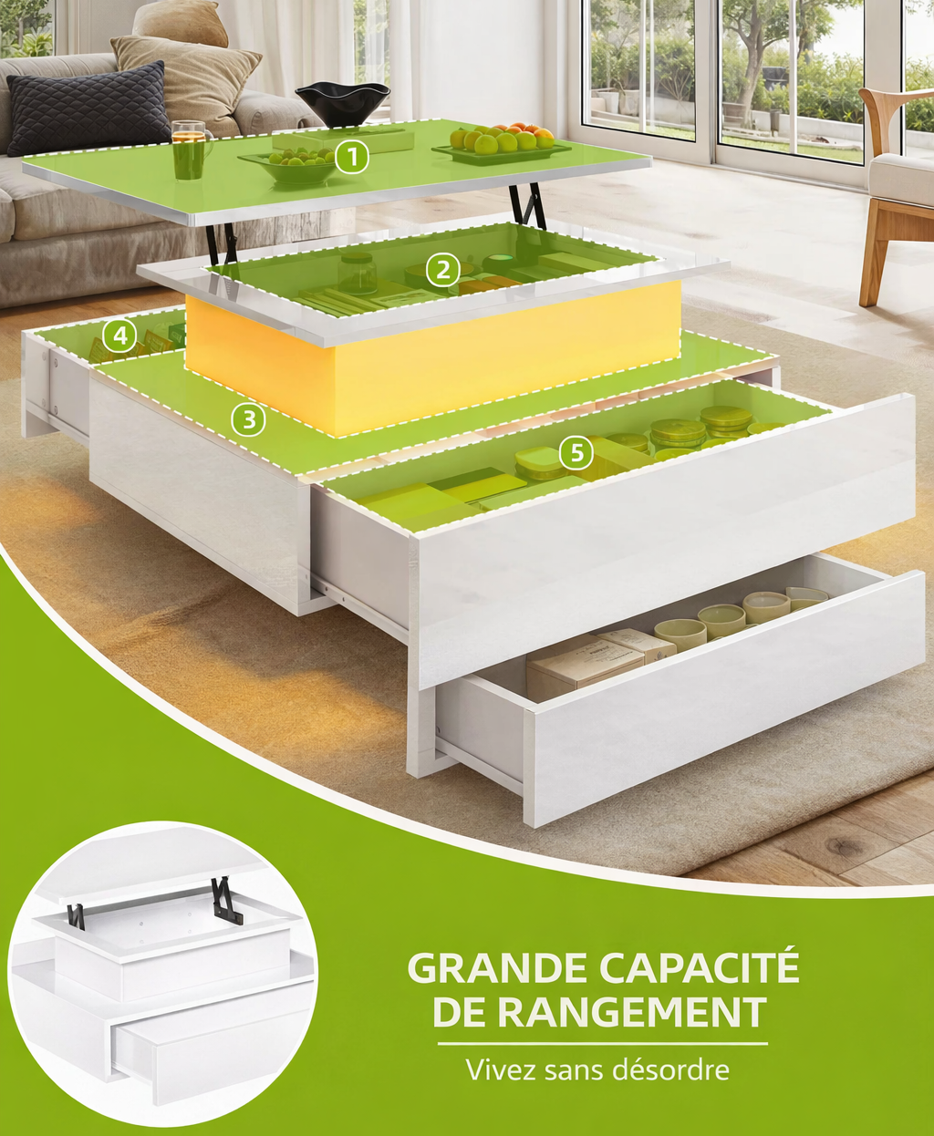 Table basse relevable moderne avec LED et tiroirs