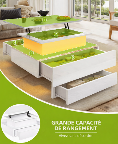 Table basse relevable moderne avec LED et tiroirs