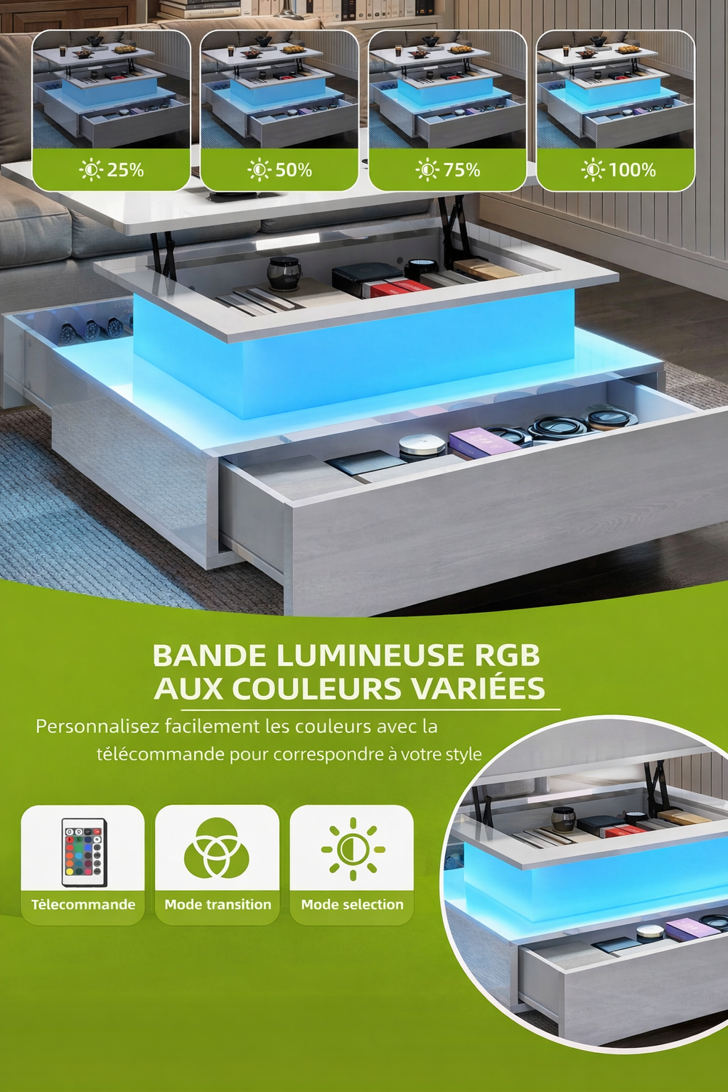 Table basse relevable moderne avec LED et tiroirs