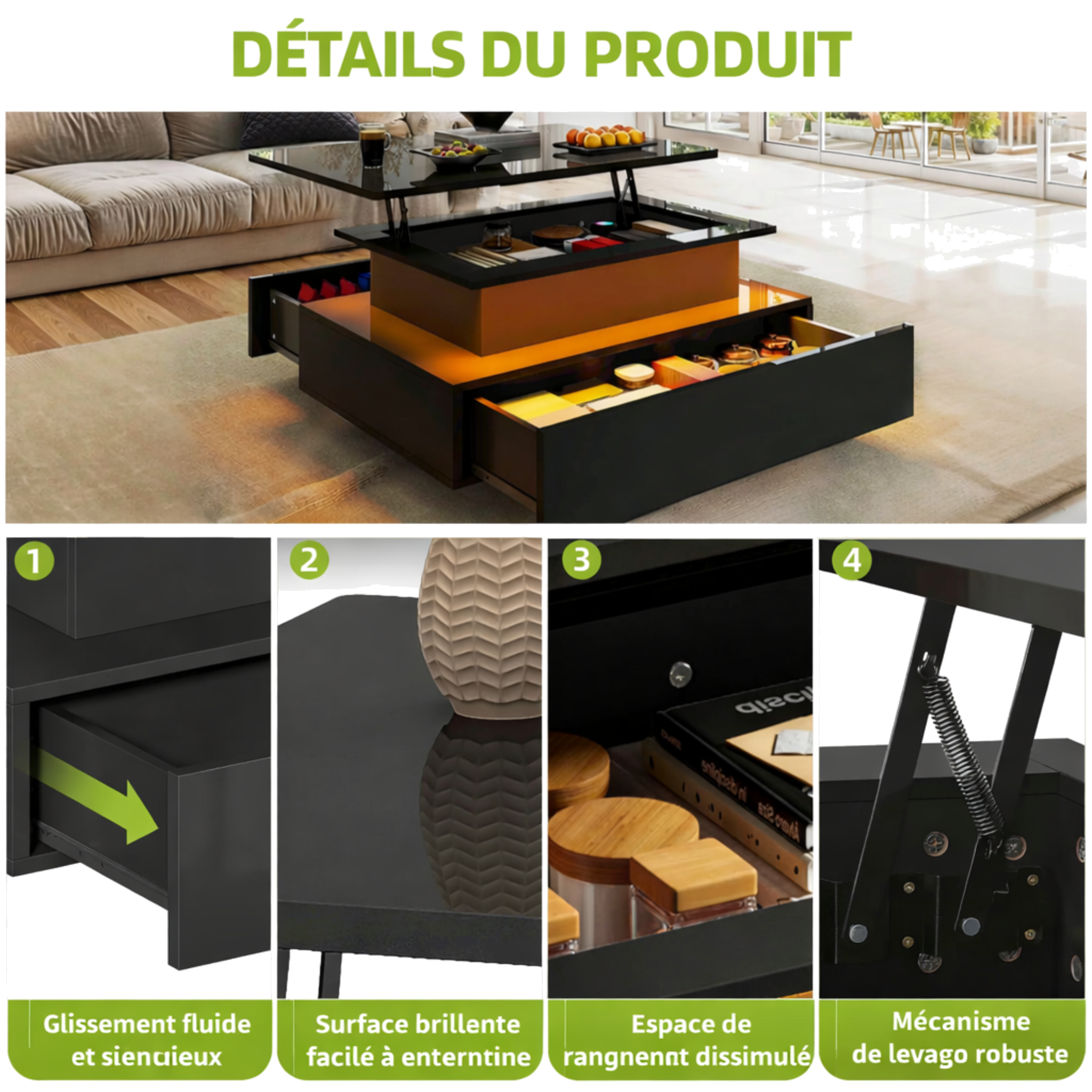 Table basse relevable rectangulaire bois avec éclairage LED