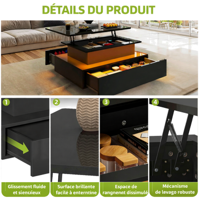 Table basse relevable rectangulaire bois avec éclairage LED