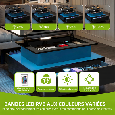 Table basse relevable rectangulaire bois avec éclairage LED
