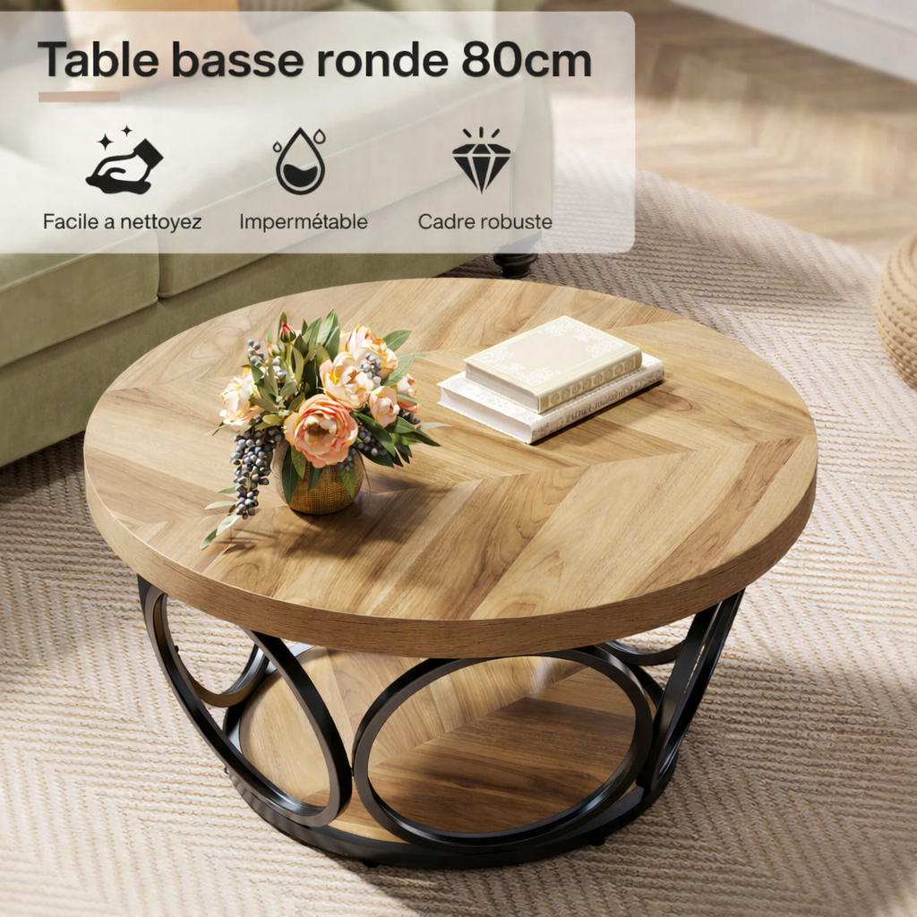 Table basse ronde bois avec rangement à 2 niveaux au style rustique