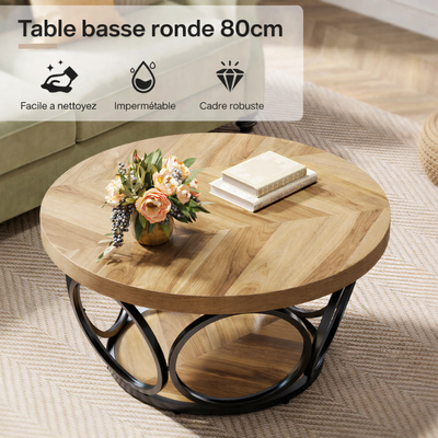 Table basse ronde bois avec rangement à 2 niveaux au style rustique