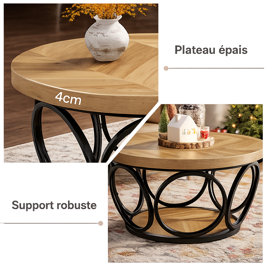 Table basse ronde bois avec rangement à 2 niveaux au style rustique