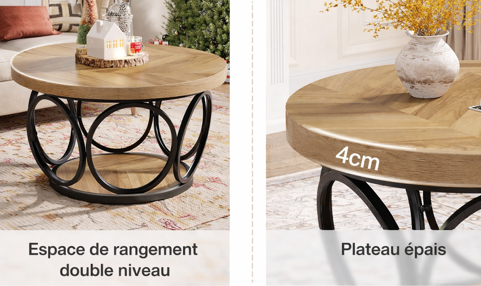 Table basse ronde bois avec rangement à 2 niveaux au style rustique