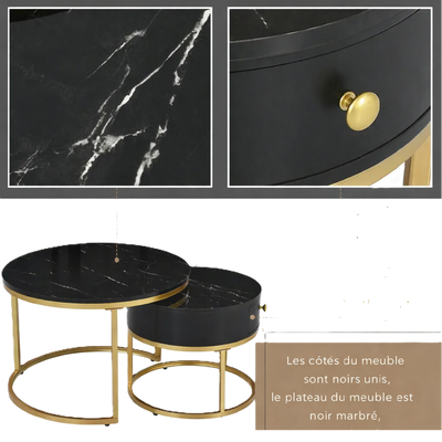 Table basse ronde gigogne effet marbre design noir