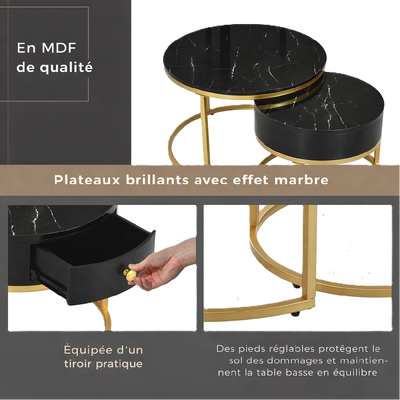 Table basse ronde gigogne effet marbre design noir