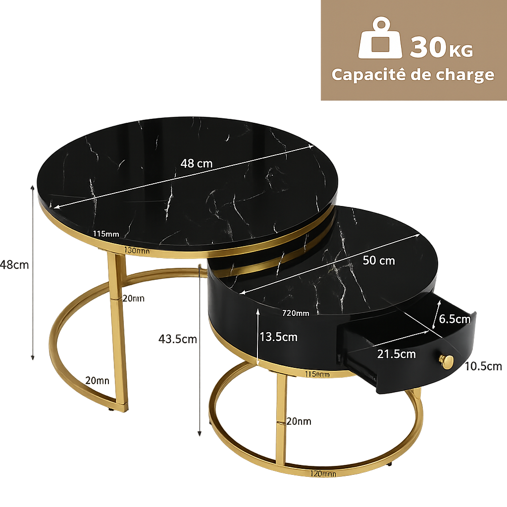 Table basse ronde gigogne effet marbre design noir
