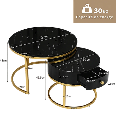 Table basse ronde gigogne effet marbre design noir