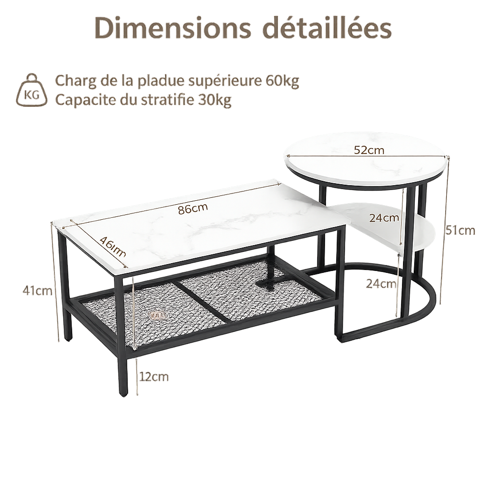 Tables basses gigognes effet marbre avec rangement