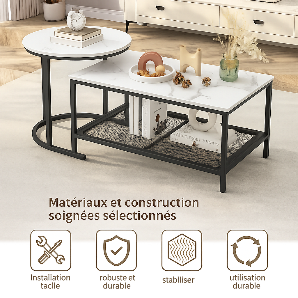 Tables basses gigognes effet marbre avec rangement