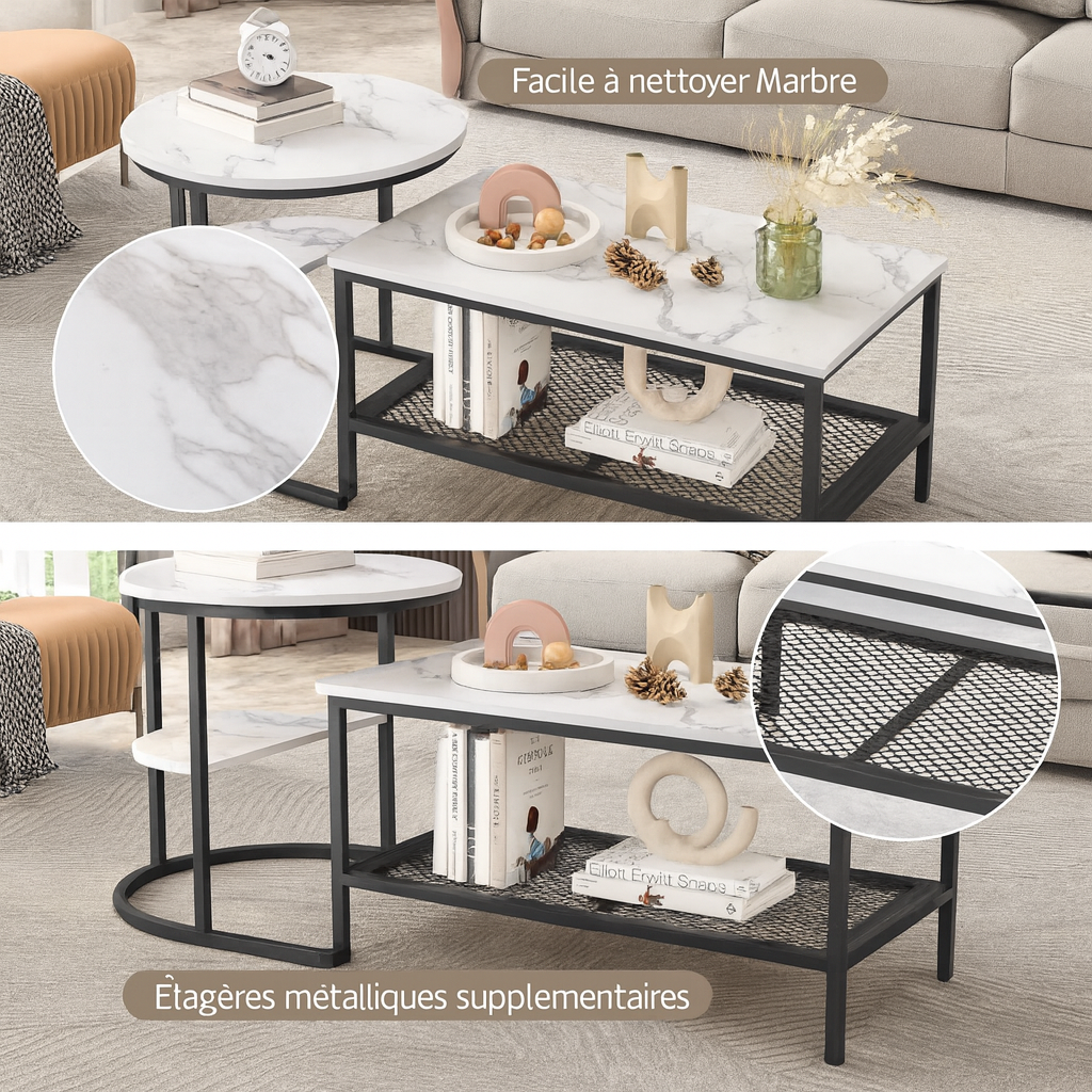 Tables basses gigognes effet marbre avec rangement