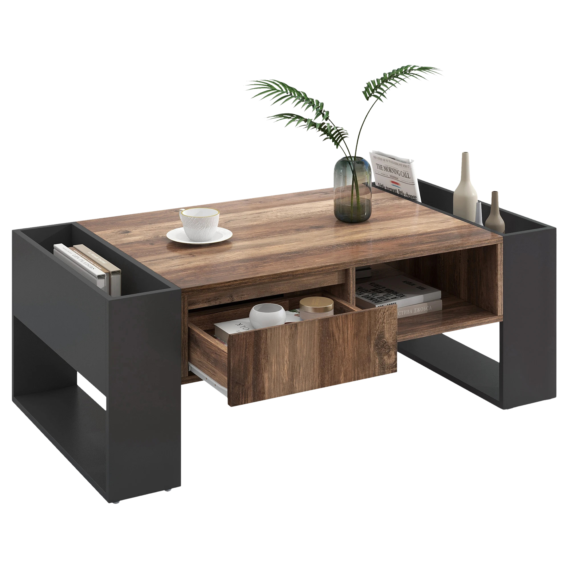 Table basse en bois rectangulaire design avec tiroir et rangements