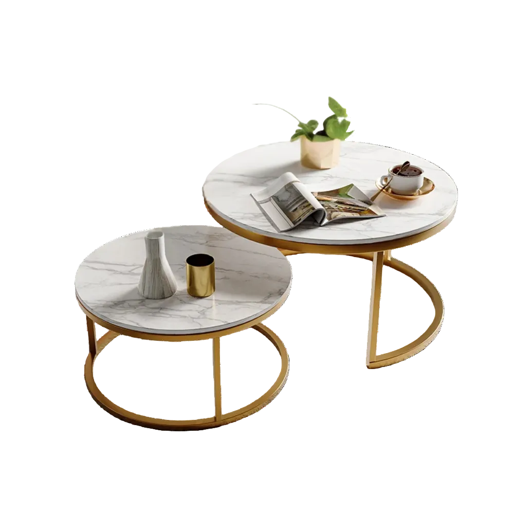 Table basse gigogne ronde effet marbre et doré