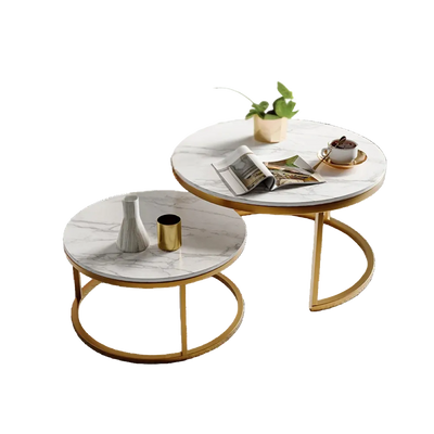 Table basse gigogne ronde effet marbre et doré