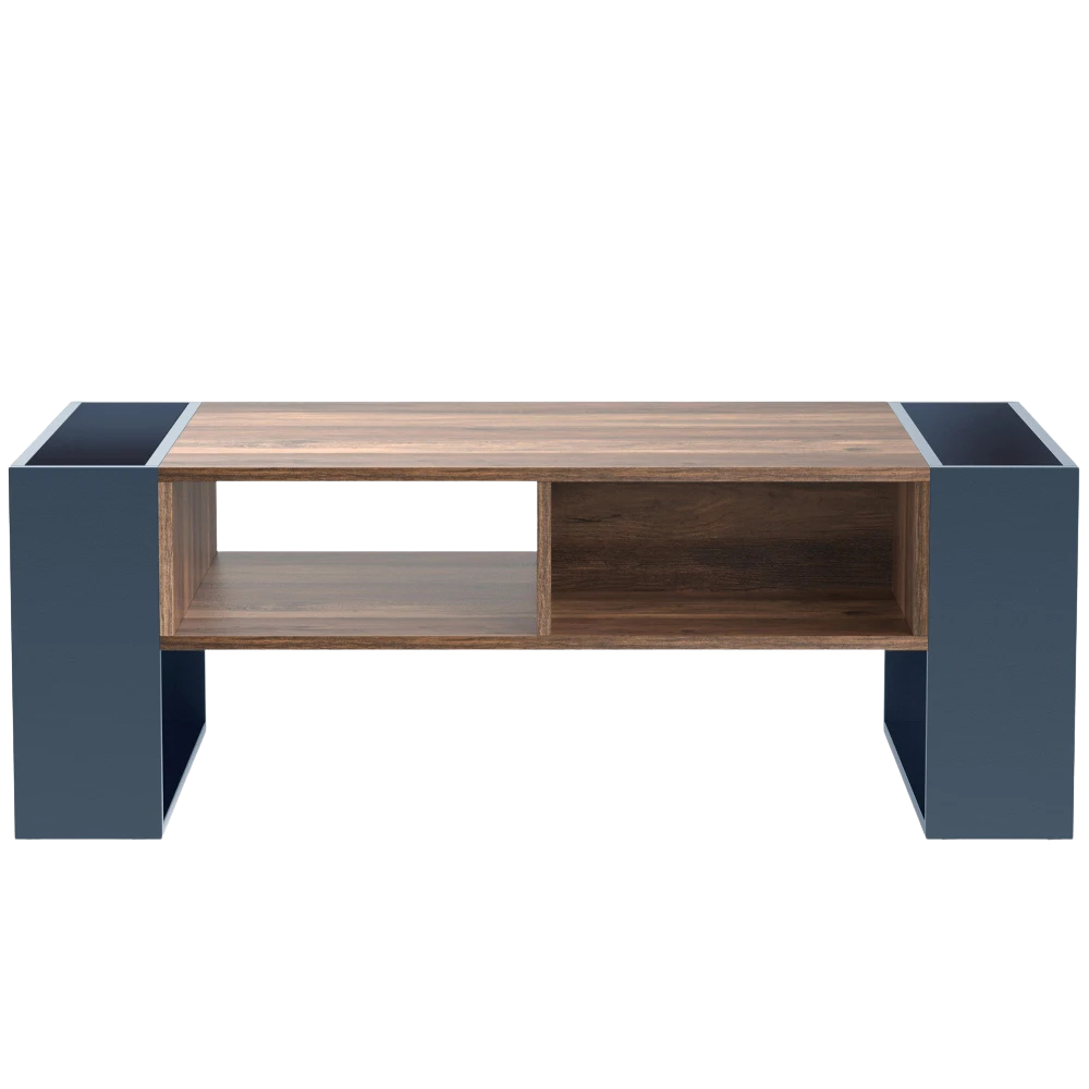 Table basse moderne bois et bleu profond avec rangement
