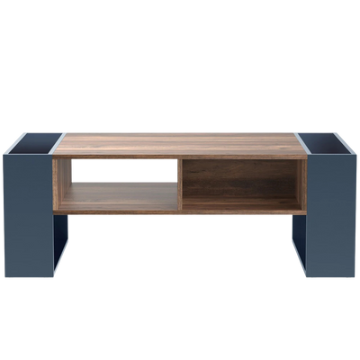 Table basse moderne bois et bleu profond avec rangement