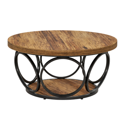 Table basse ronde bois avec rangement à 2 niveaux au style rustique