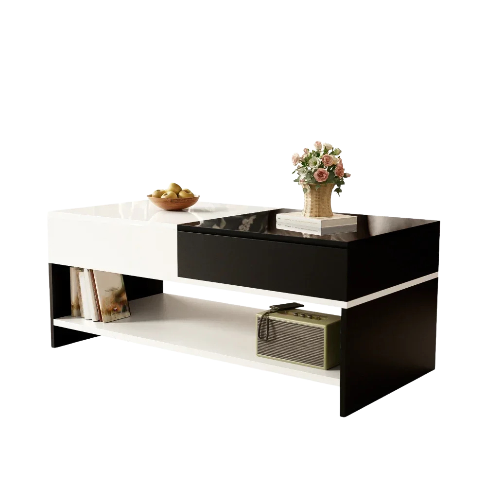 Table basse rectangulaire noire et blanche design avec rangements