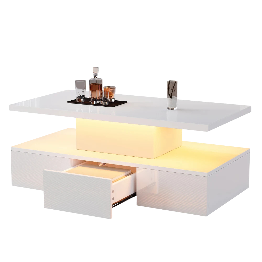 Table basse rectangulaire noire à double plateau avec LED et rangement