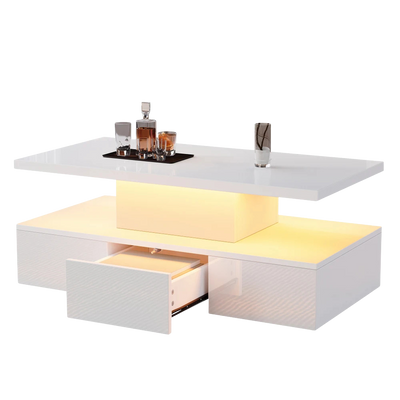 Table basse rectangulaire noire à double plateau avec LED et rangement
