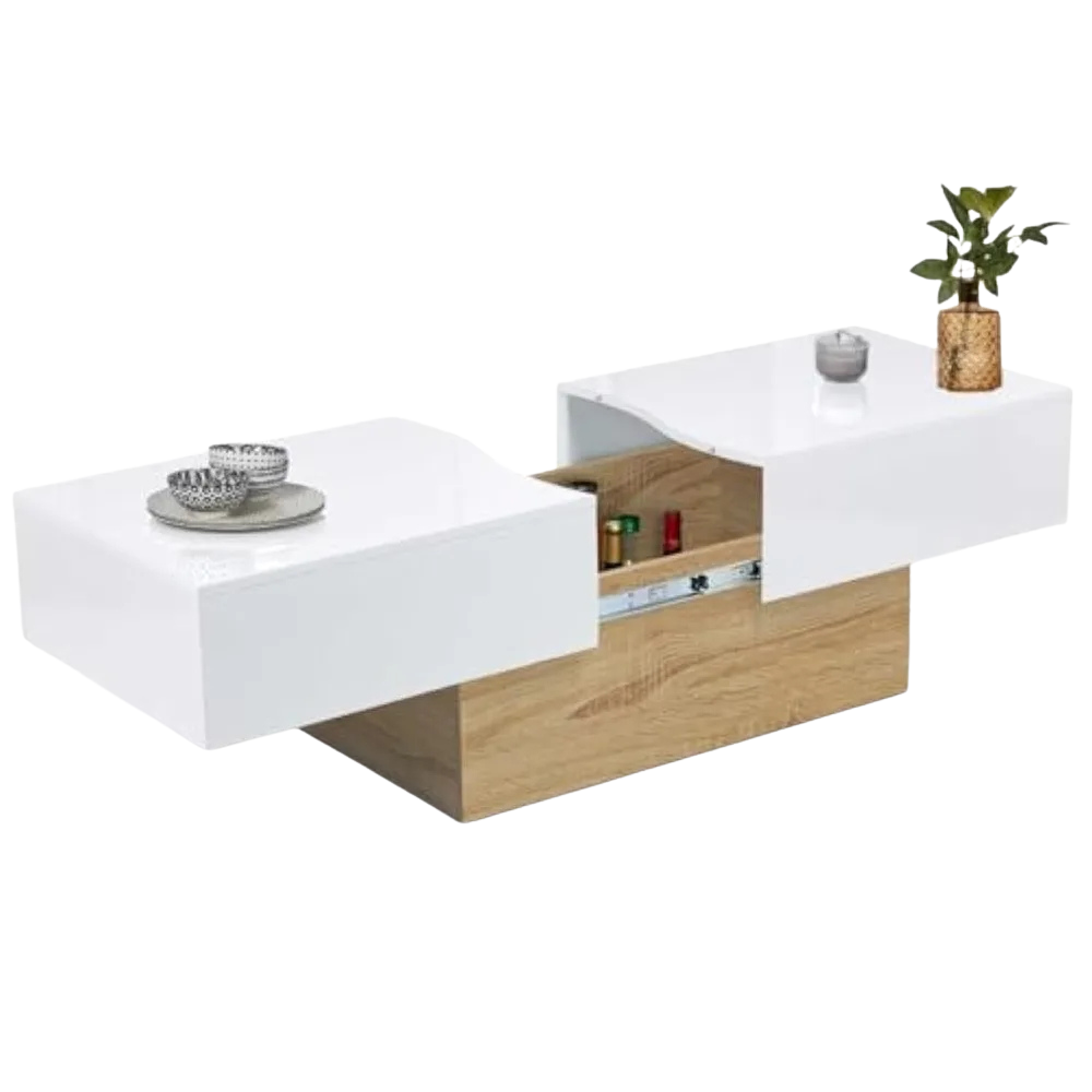 Table basse rectangulaire bois et blanc à plateau coulissant