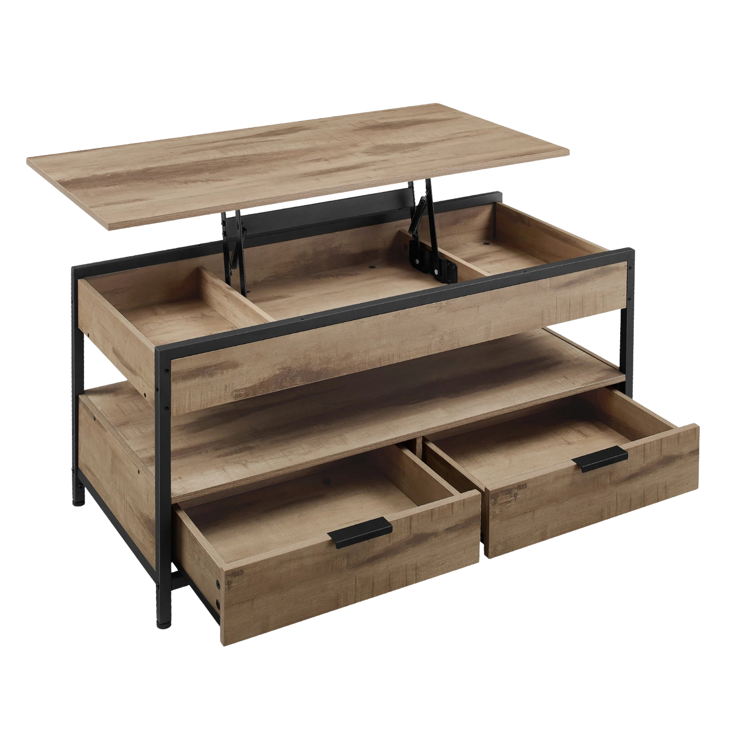 Table basse relevable industrielle avec rangement