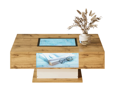 Table basse bois et verre moderne avec LED et rangements