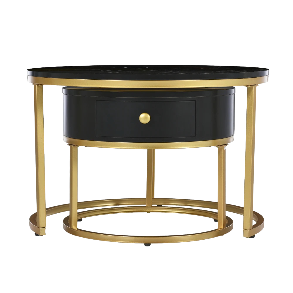Table basse ronde gigogne effet marbre design noir
