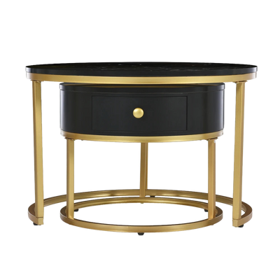 Table basse ronde gigogne effet marbre design noir