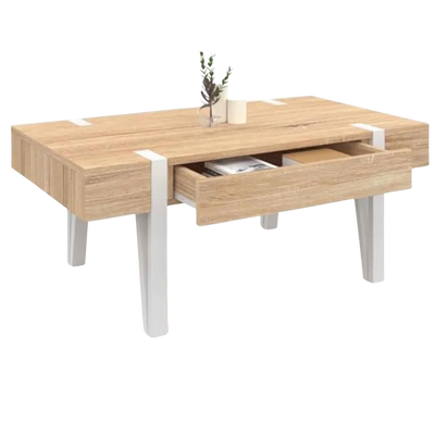 Table basse industrielle bois et métal avec tiroir