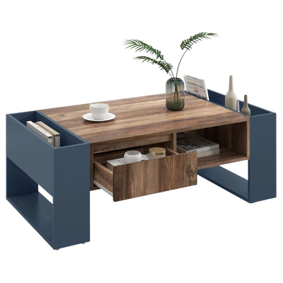 Table basse moderne bois et bleu profond avec rangement