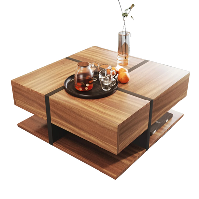 Table basse carrée bois et noir avec tiroirs de rangement