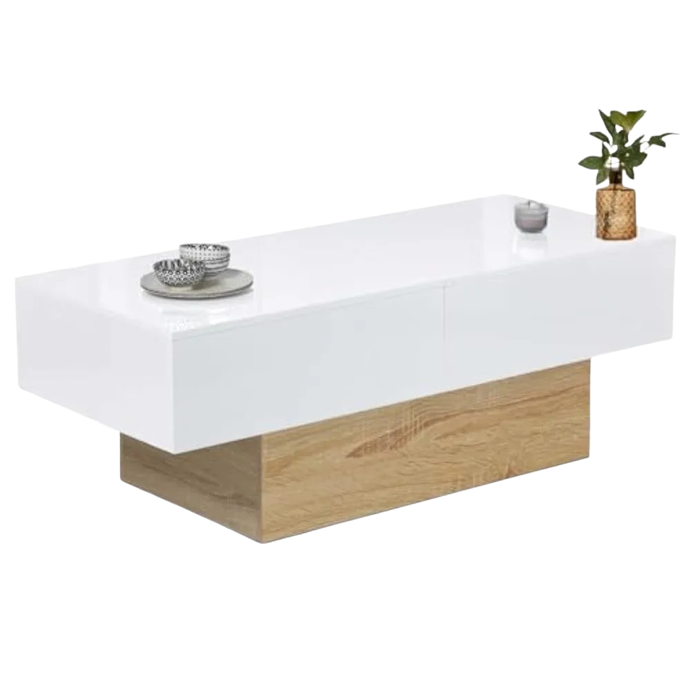 Table basse rectangulaire bois et blanc à plateau coulissant