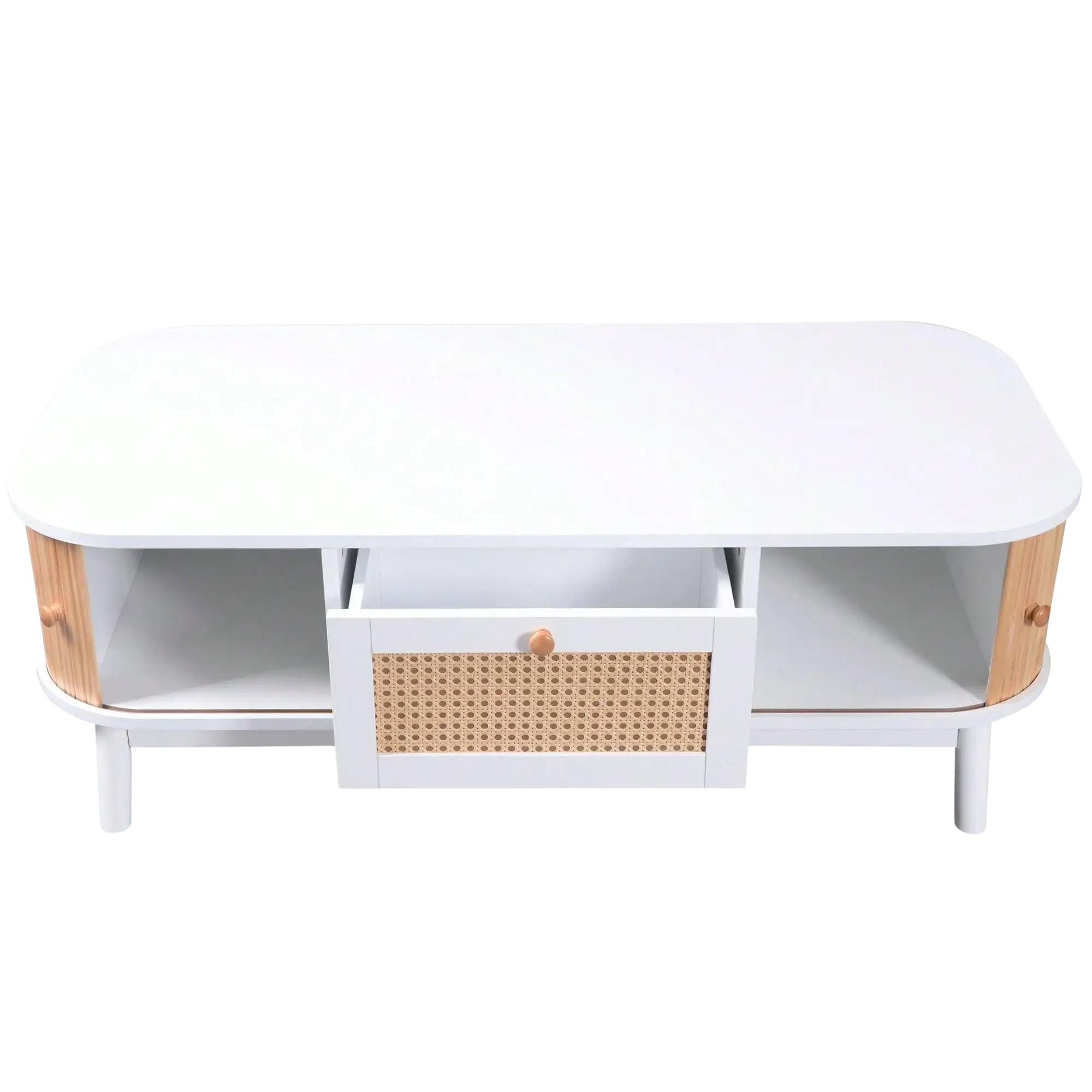 Table basse en bois et rotin avec rangements