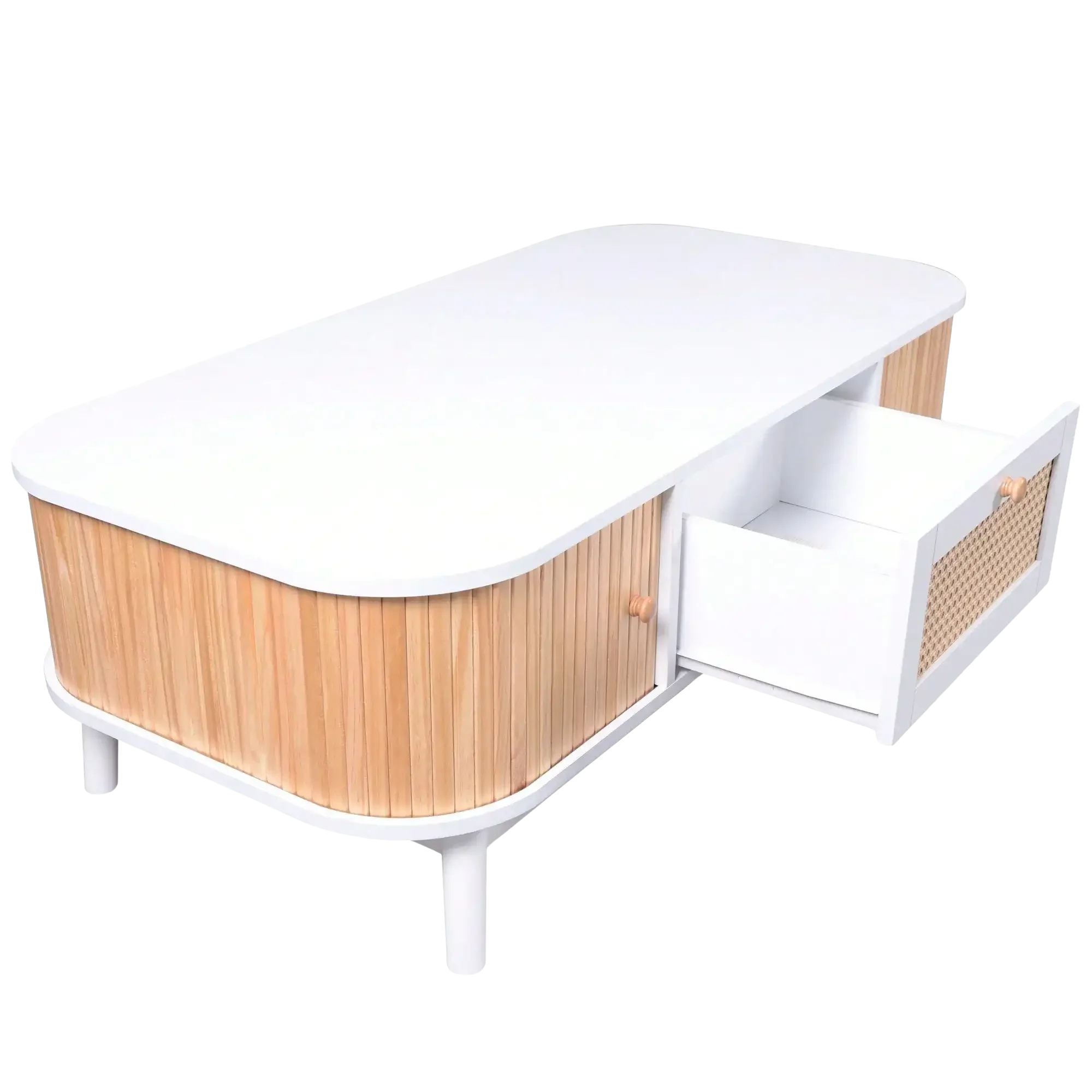 Table basse en bois et rotin avec rangements