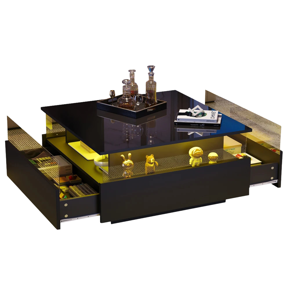 Table basse carrée avec vitrine et LED