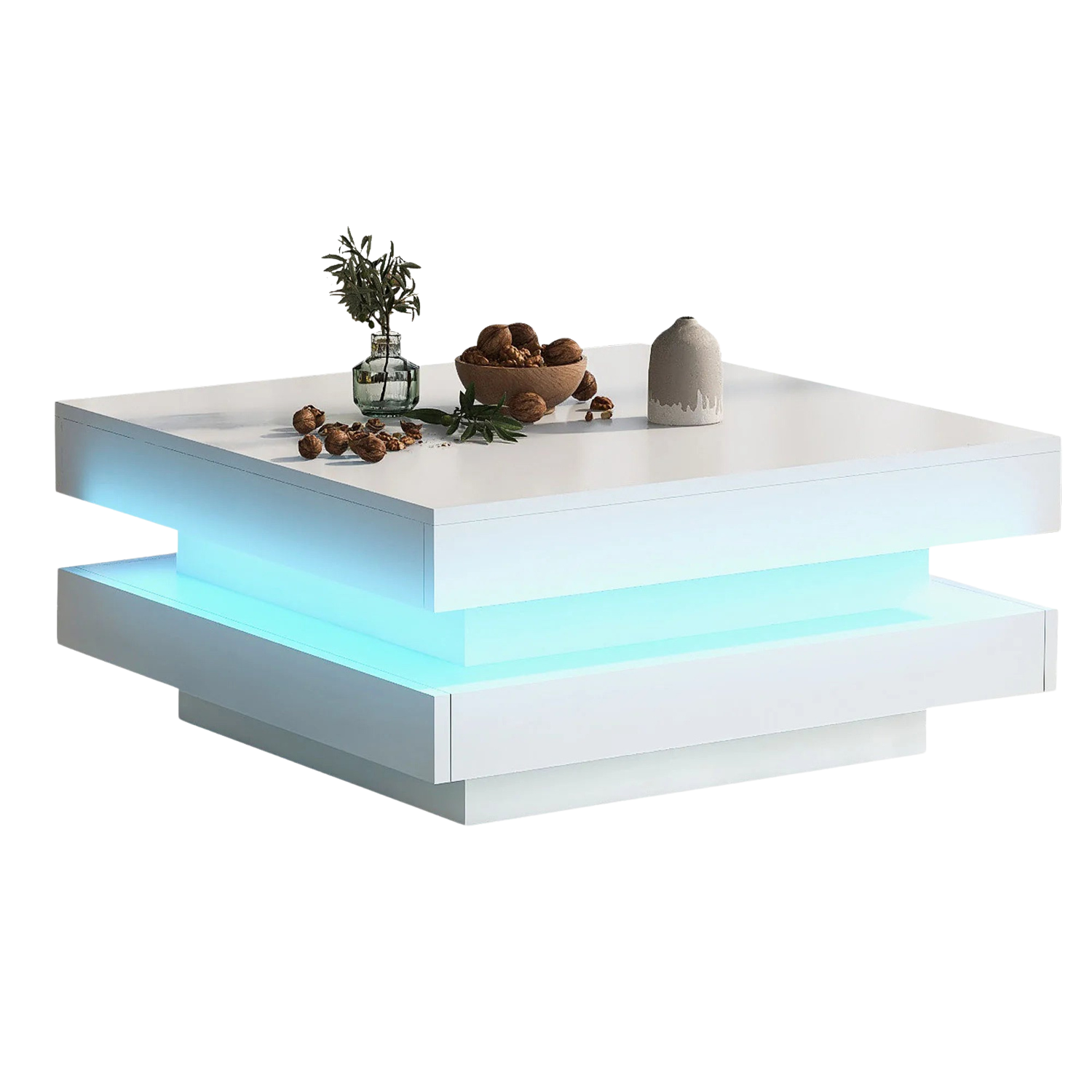 Table basse carrée blanche avec LED et plateau pivotant